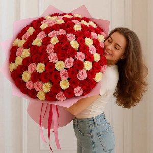 101 роза разноцветная в розовой упаковке